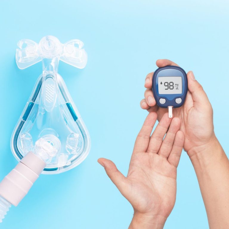 A photo of a sleep apnea mask and diabetic test