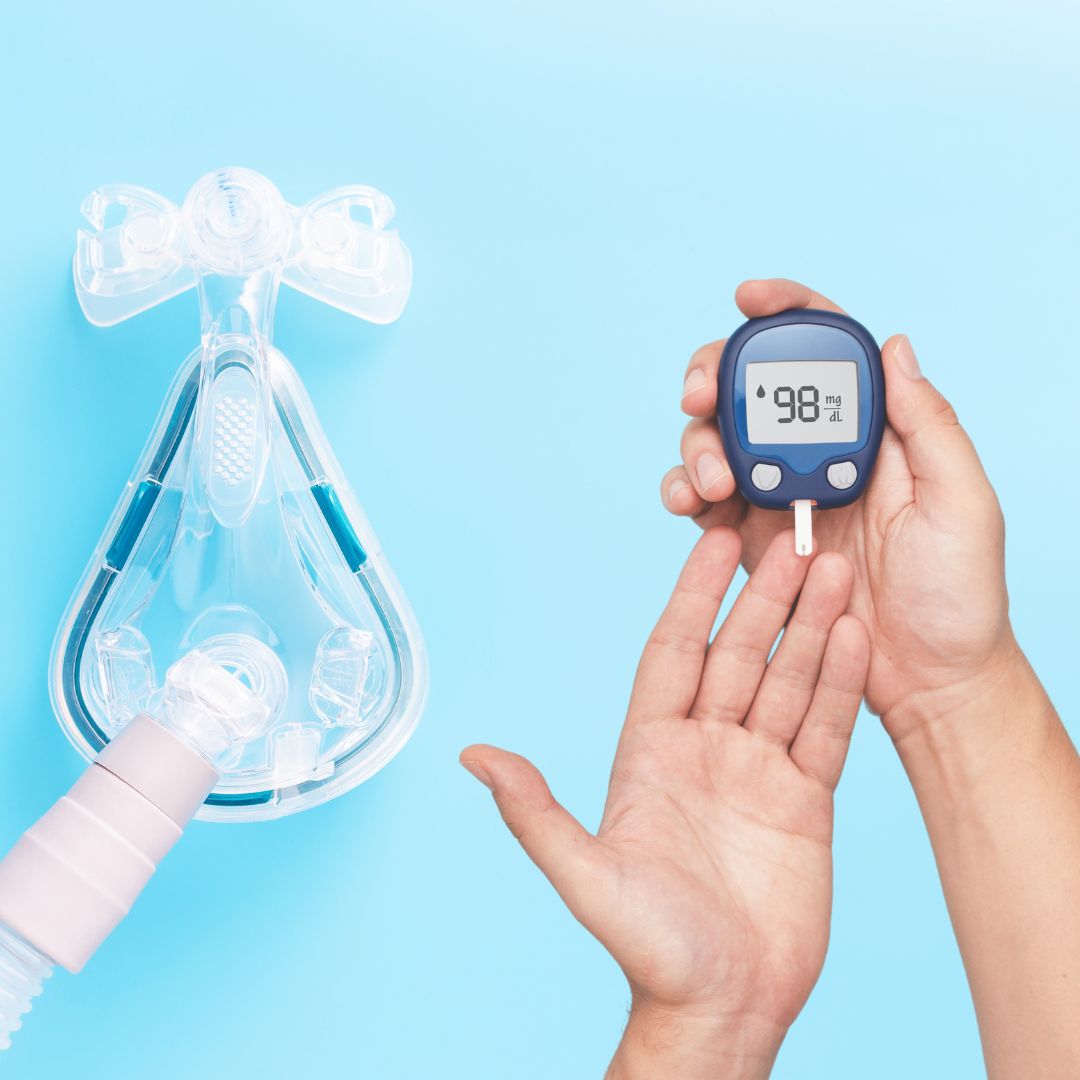 A photo of a sleep apnea mask and diabetic test